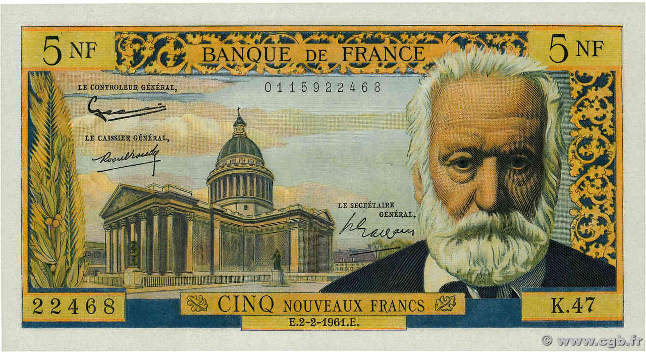 5 Nouveaux Francs VICTOR HUGO FRANCIA  1961 F.56.06 SPL