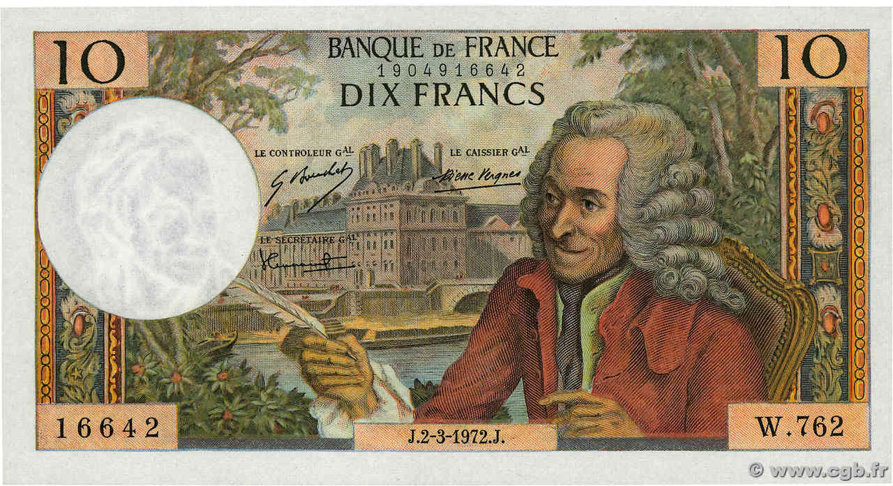 10 Francs VOLTAIRE FRANCE  1972 F.62.55 UNC-