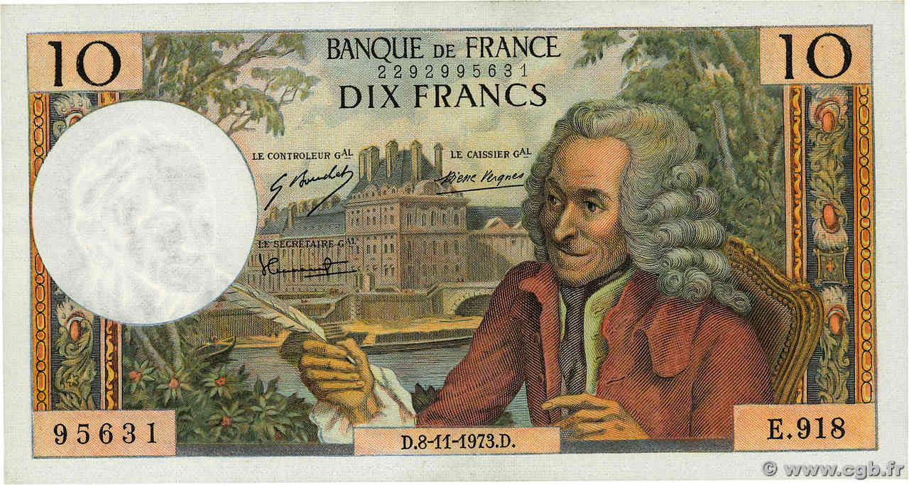 10 Francs VOLTAIRE FRANKREICH  1973 F.62.64 fST