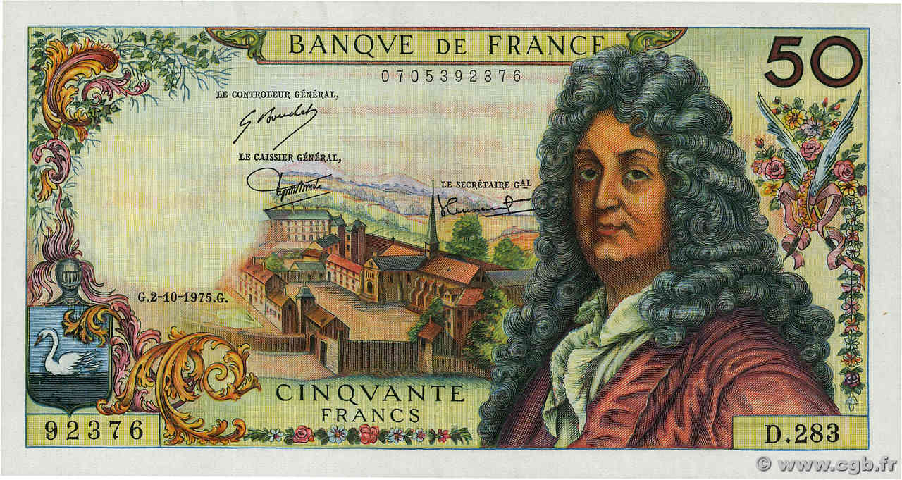 50 Francs RACINE FRANCIA  1975 F.64.31 q.FDC