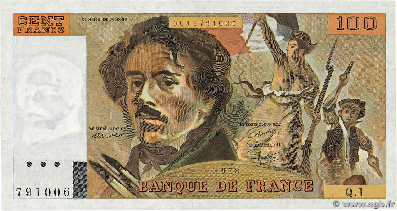 100 Francs DELACROIX FRANCE  1978 F.68.01 UNC-