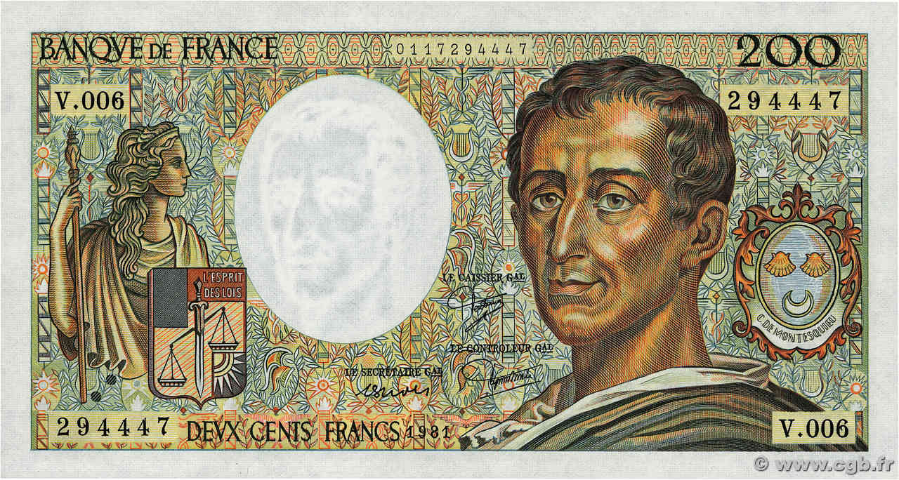 200 Francs MONTESQUIEU FRANKREICH  1981 F.70.01 ST