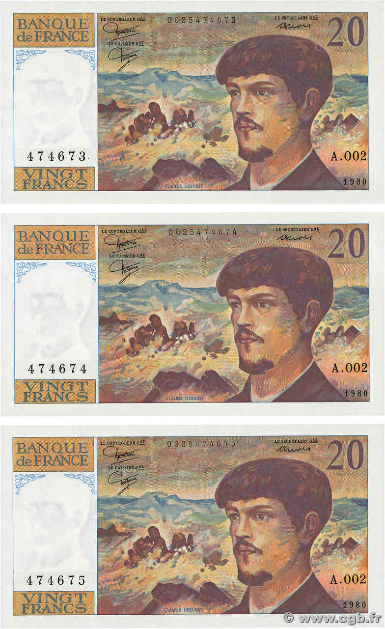 20 Francs DEBUSSY Consécutifs FRANCIA  1980 F.66.01A2 AU+