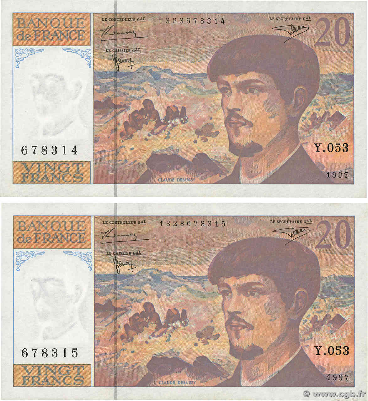 20 Francs DEBUSSY Modifié Consécutifs FRANCE  1997 F.66ter.02 SPL+
