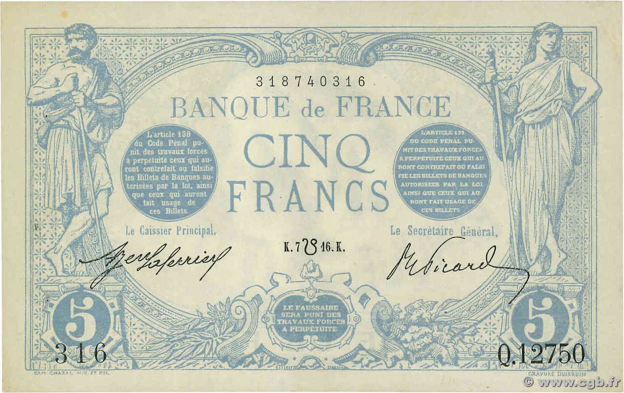 5 Francs BLEU lion inversé FRANCIA  1916 F.02bis.04 SPL+