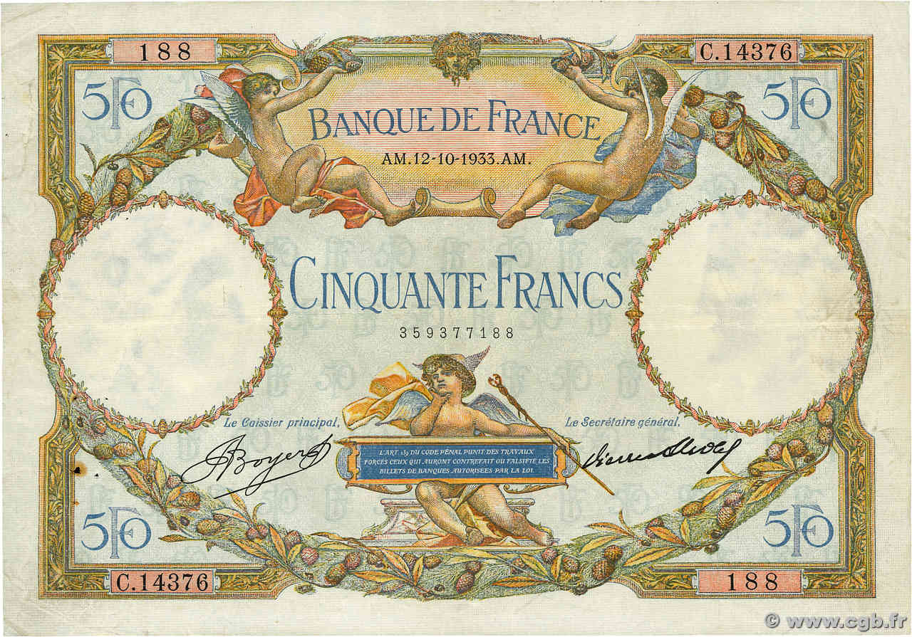 50 Francs LUC OLIVIER MERSON type modifié FRANCIA  1933 F.16.04 BB