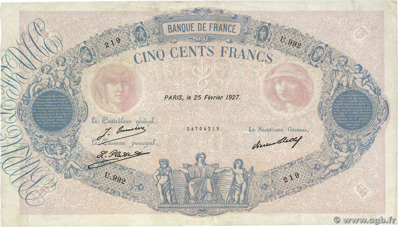500 Francs BLEU ET ROSE FRANCE  1927 F.30.30 TTB+