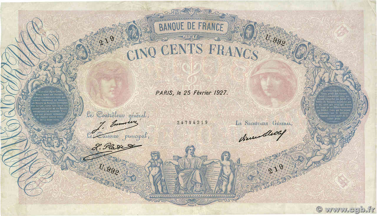 500 Francs BLEU ET ROSE FRANCIA  1927 F.30.30 q.SPL