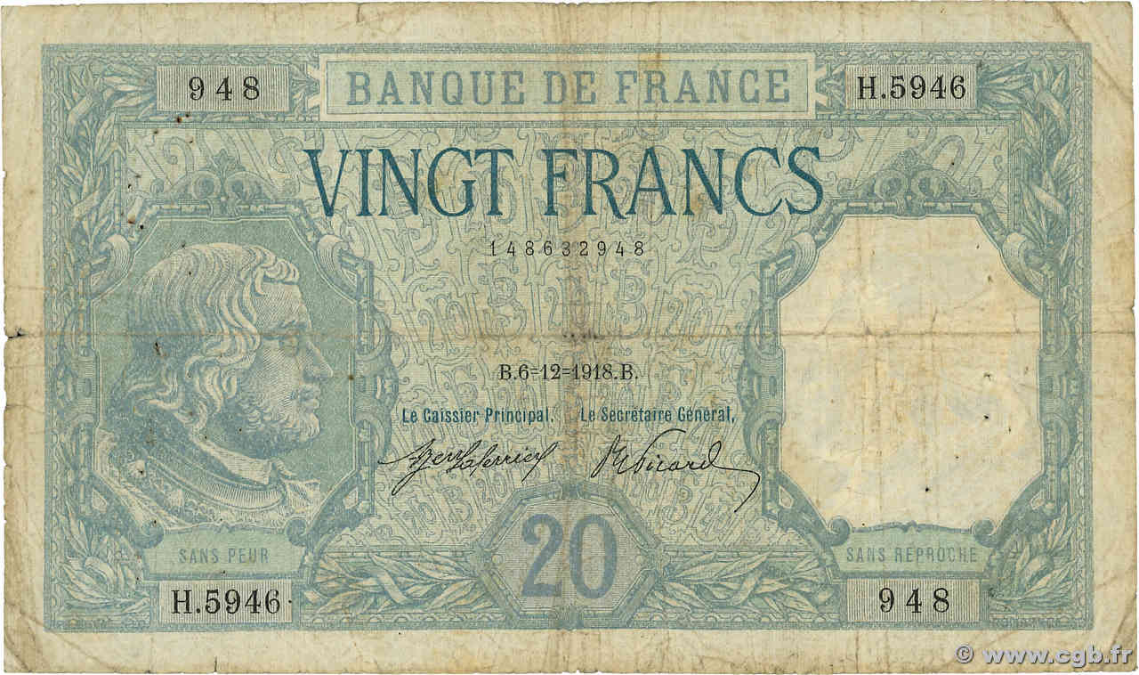 20 Francs BAYARD FRANCE  1918 F.11.03a G