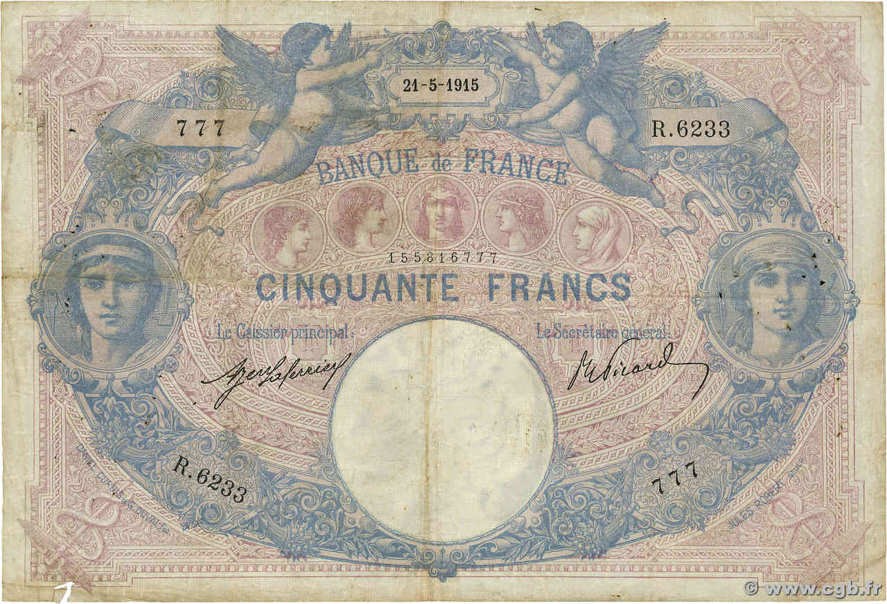 50 Francs BLEU ET ROSE FRANCE  1915 F.14.28 F-
