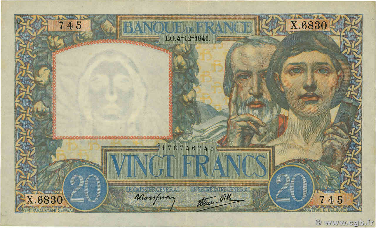 20 Francs TRAVAIL ET SCIENCE FRANCE  1941 F.12.20 VF