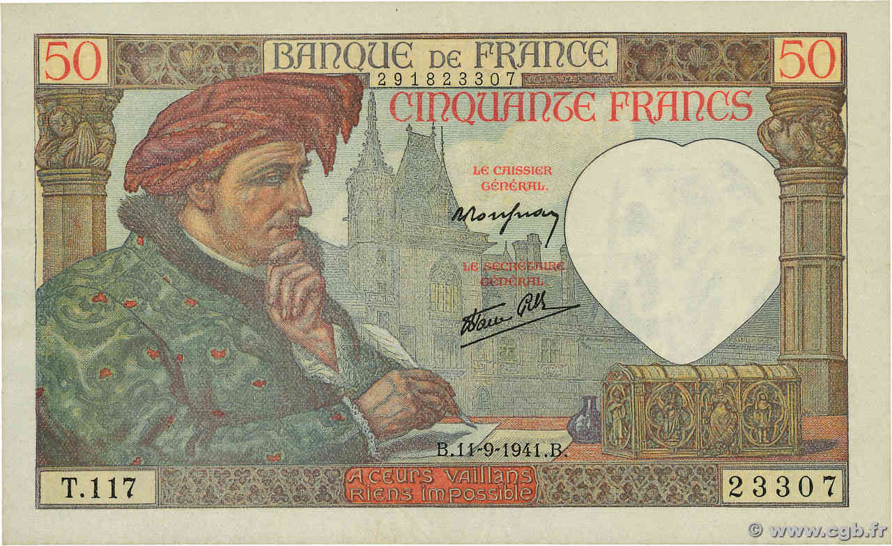 50 Francs JACQUES CŒUR FRANCE  1941 F.19.14 VF