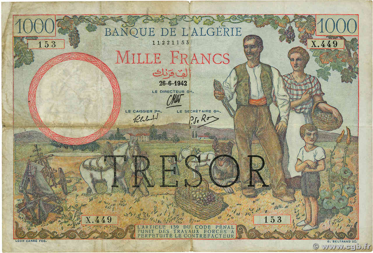 1000 Francs ALGÉRIE FRANCE  1943 VF.10.01 TB