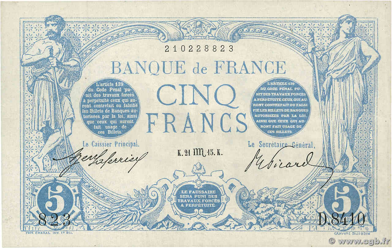 5 Francs BLEU FRANCIA  1915 F.02.32 q.SPL