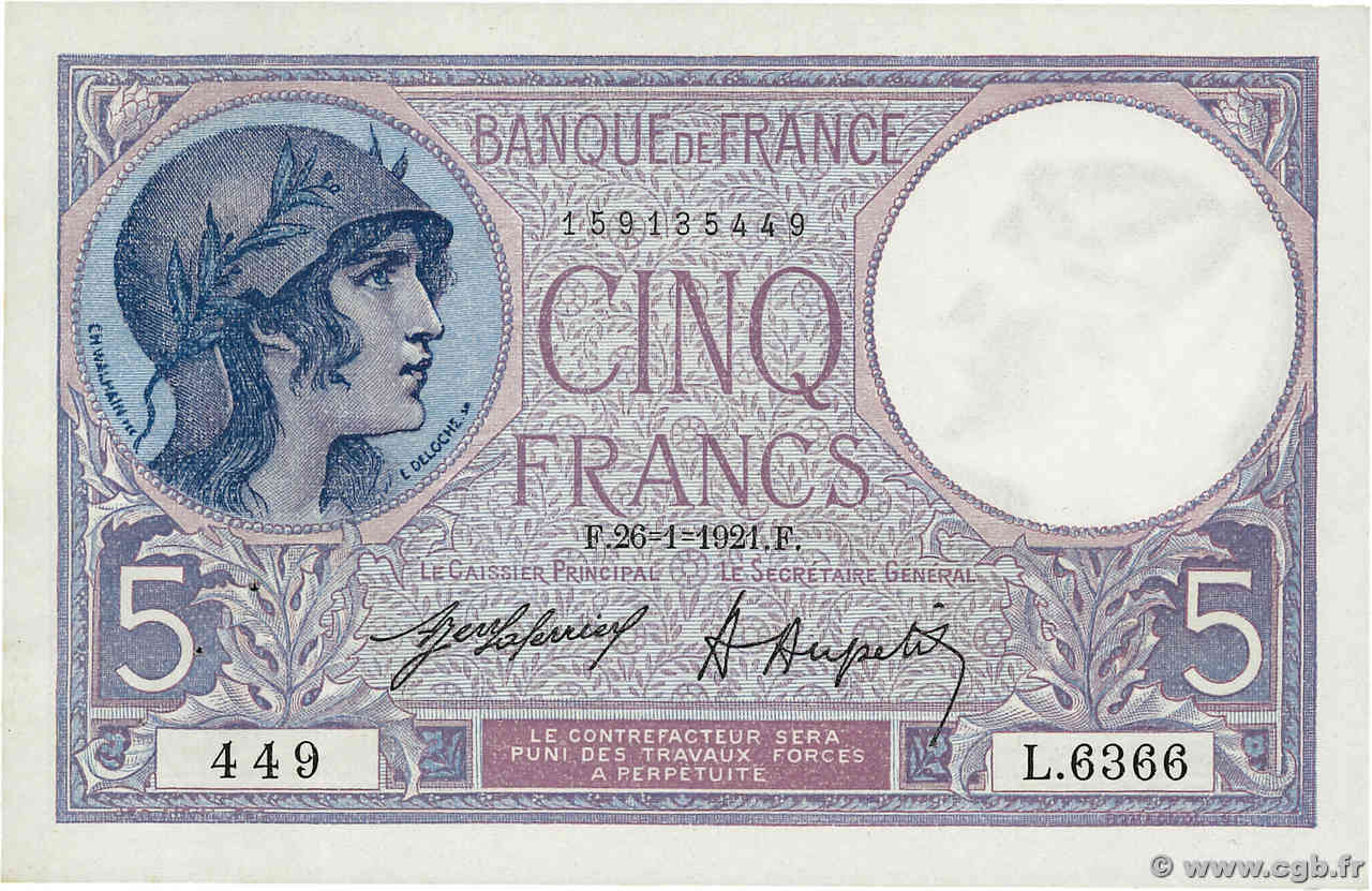 5 Francs FEMME CASQUÉE FRANCIA  1921 F.03.05 AU