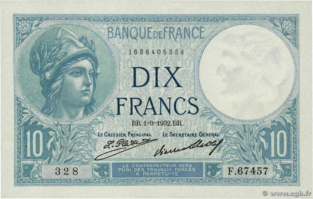 10 Francs MINERVE FRANKREICH  1932 F.06.16 fST