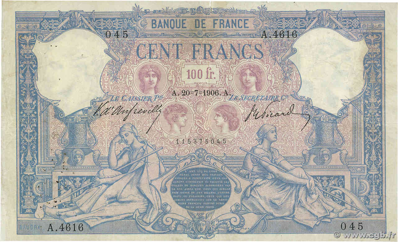 100 Francs BLEU ET ROSE FRANCE  1906 F.21.20 F