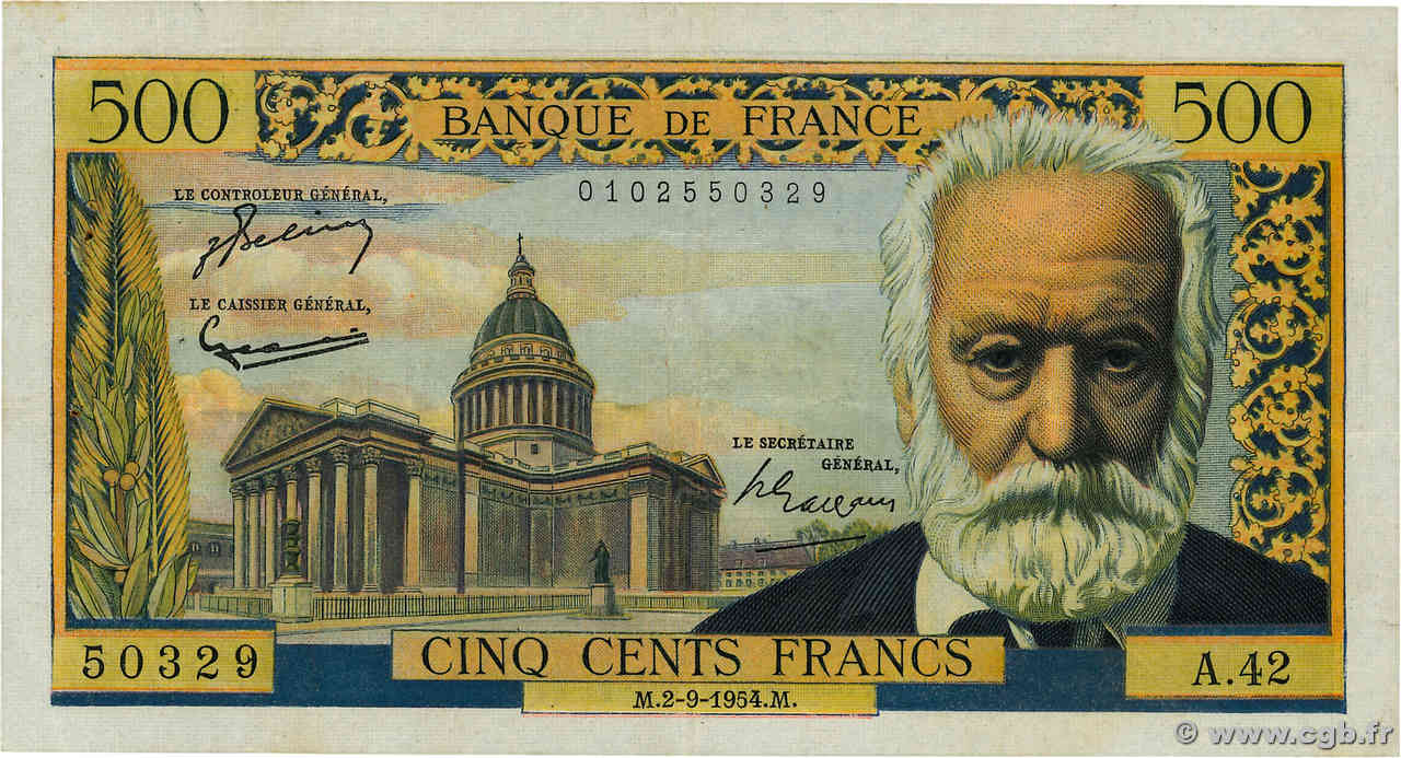 500 Francs VICTOR HUGO FRANCE  1954 F.35.03 TTB