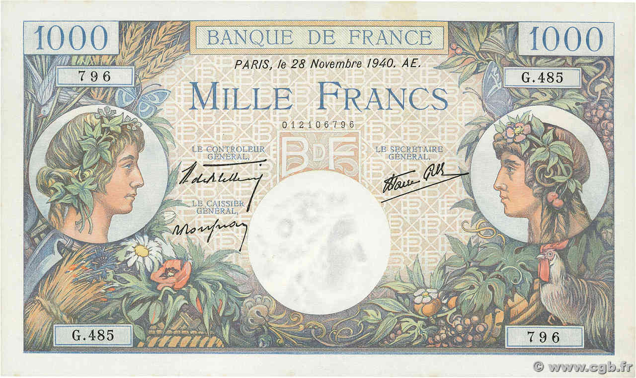 1000 Francs COMMERCE ET INDUSTRIE FRANCIA  1940 F.39.02 SC+