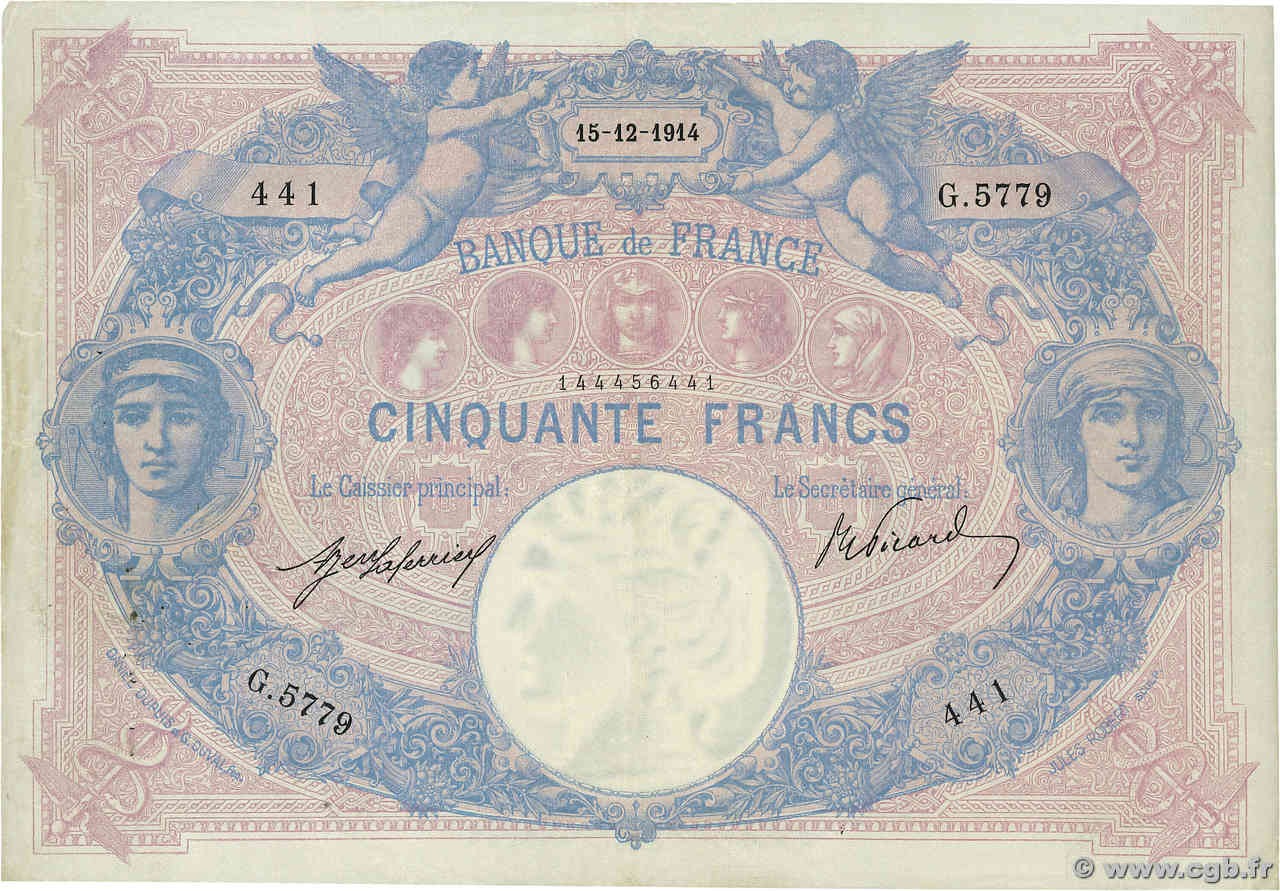 50 Francs BLEU ET ROSE FRANCE  1914 F.14.27 TB