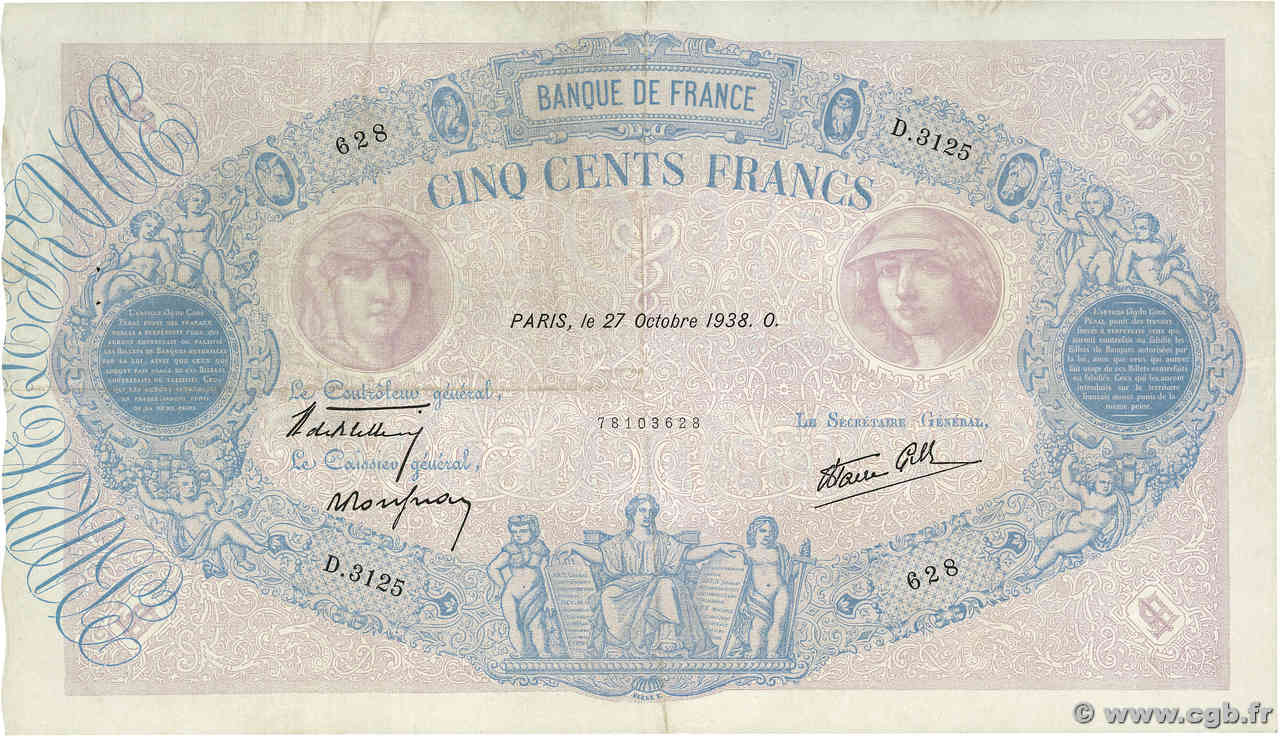 500 Francs BLEU ET ROSE modifié FRANCIA  1938 F.31.21 q.BB