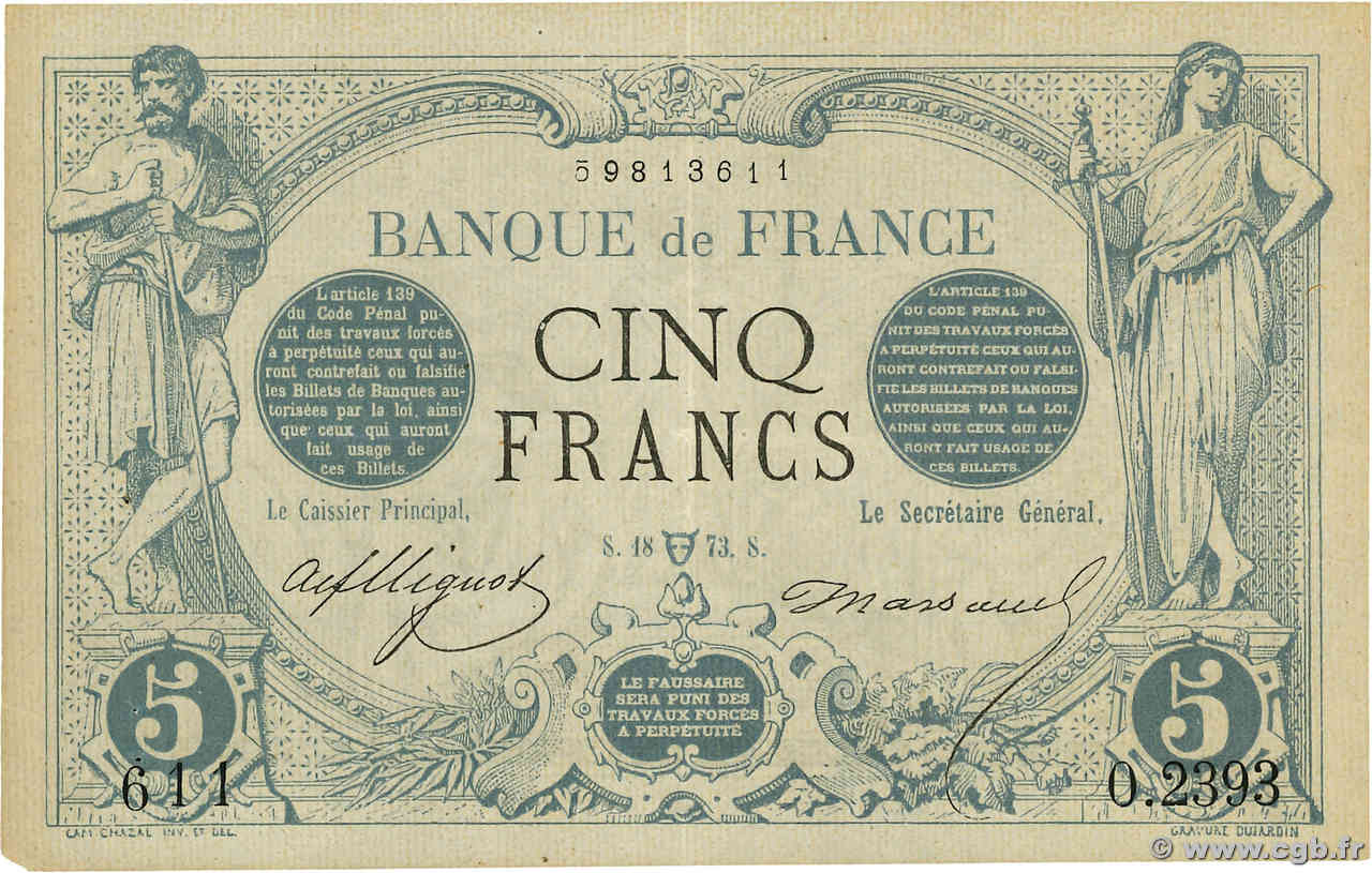 5 Francs NOIR FRANKREICH  1873 F.01.17 fVZ