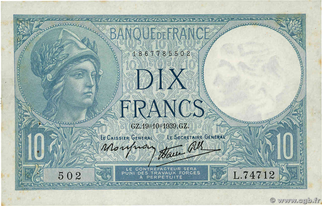 10 Francs MINERVE modifié FRANCE  1939 F.07.12 SUP