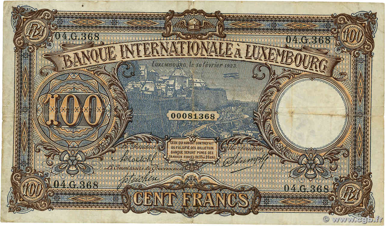 100 Francs LUXEMBOURG  1923 P.09 TB+