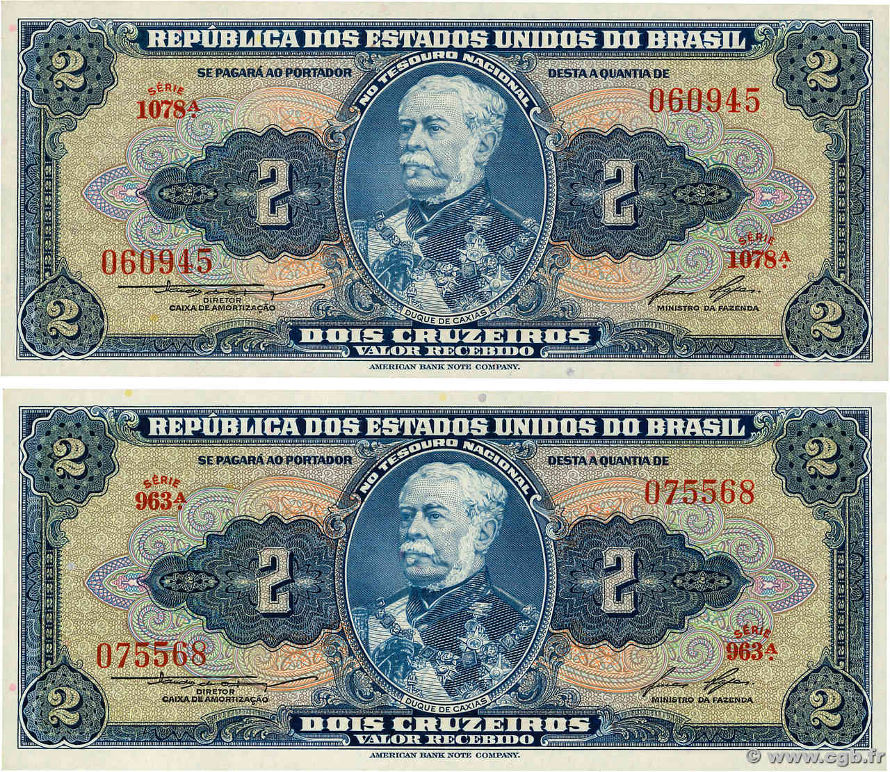 2 Cruzeiros Lot BRÉSIL  1954 P.151b NEUF
