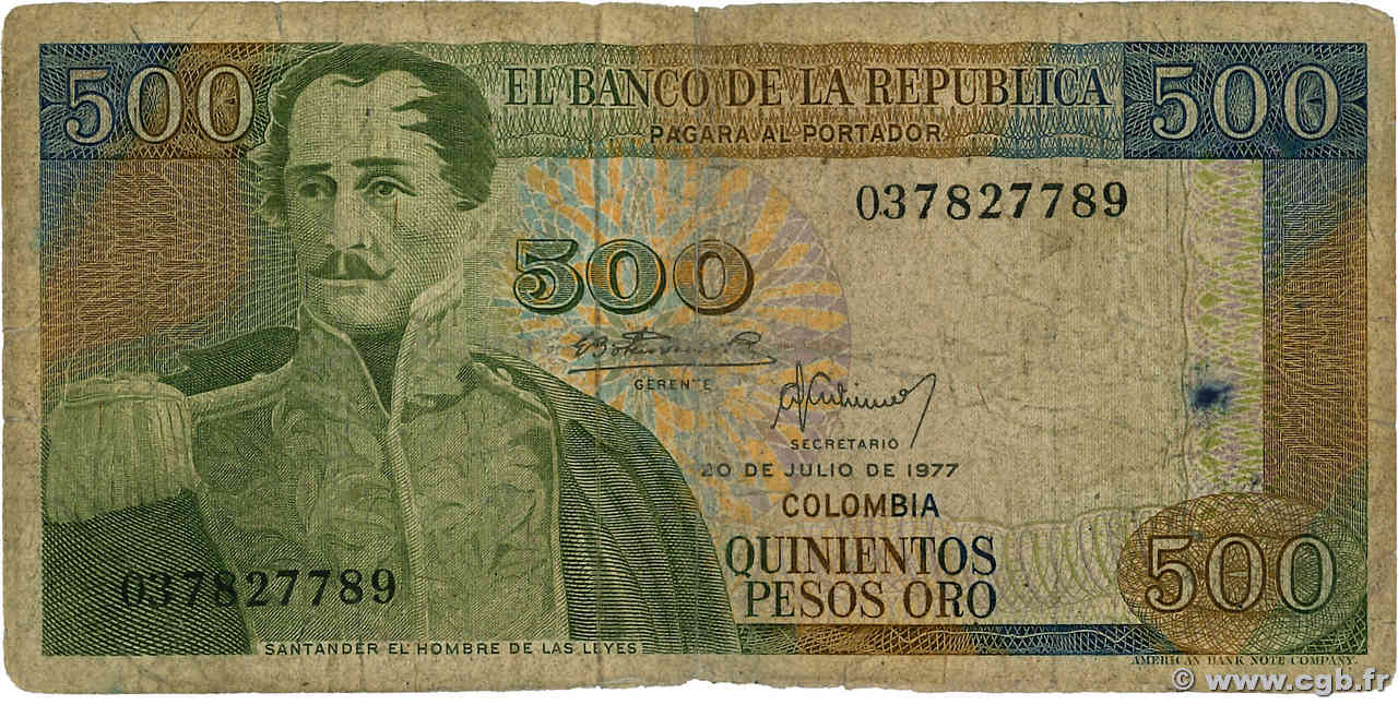 500 Pesos Oro COLOMBIE  1977 P.420a B