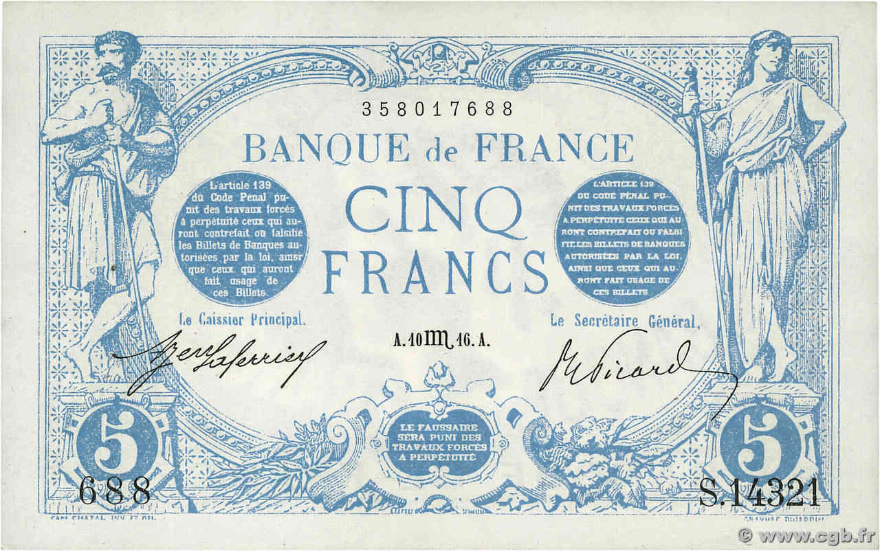 5 Francs BLEU FRANCE  1916 F.02.44 XF