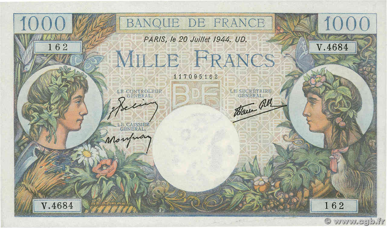 1000 Francs COMMERCE ET INDUSTRIE FRANCIA  1944 F.39.12 AU