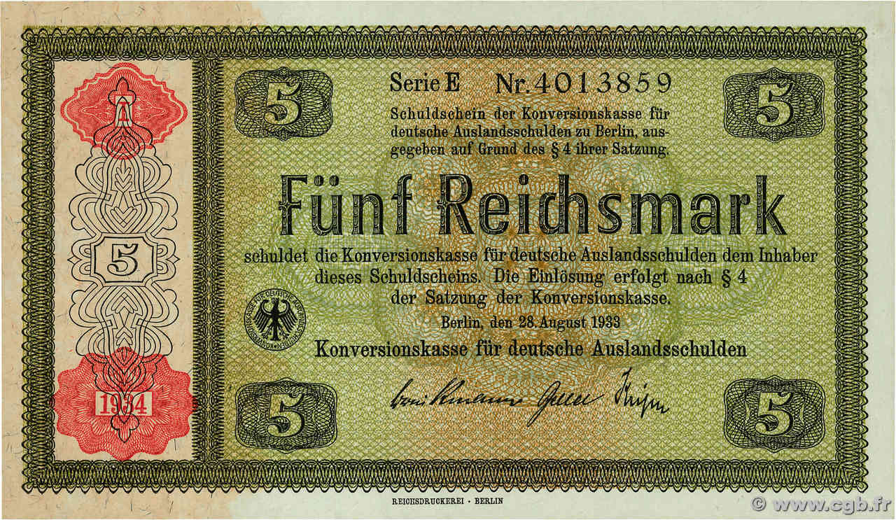 5 Reichsmark GERMANY  1933 P.199 AU+