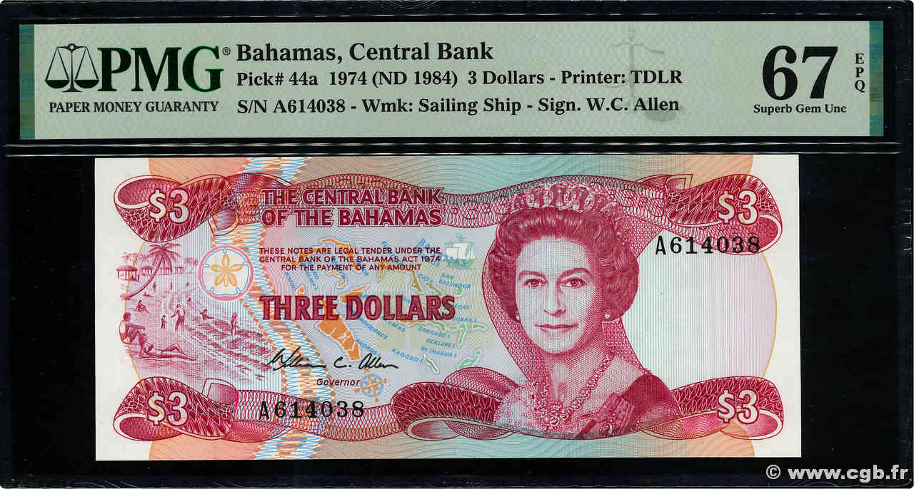 3 Dollars BAHAMAS  1974 P.44a NEUF