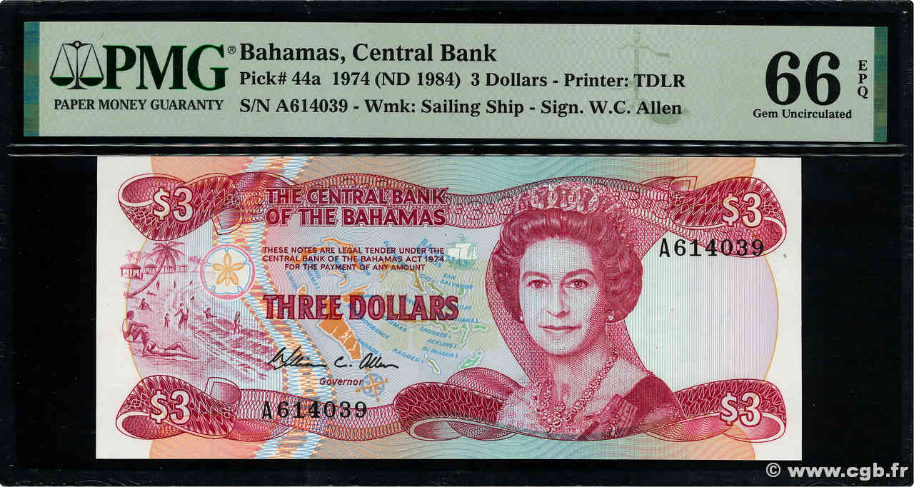 3 Dollars BAHAMAS  1974 P.44a UNC