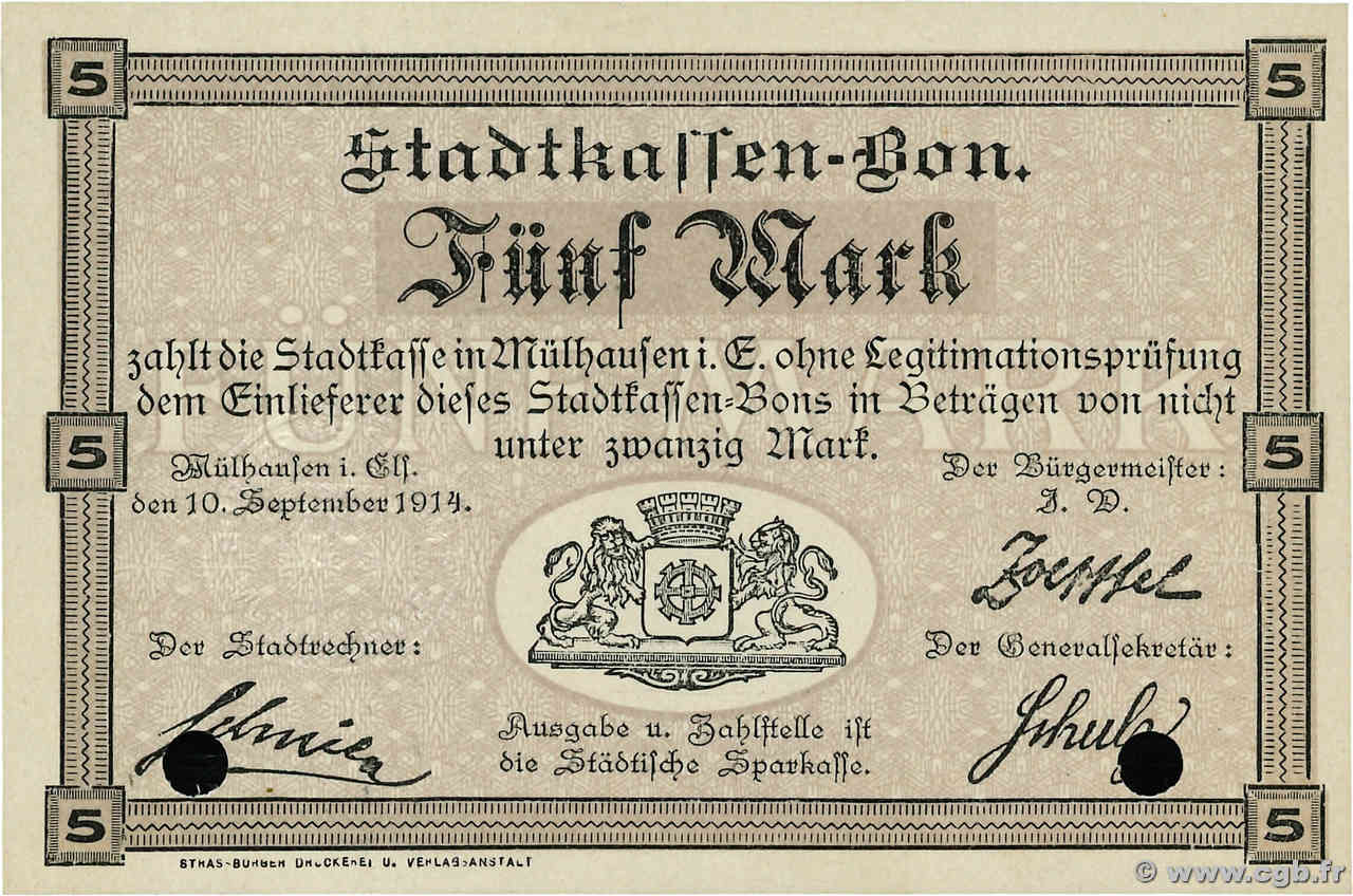 5 Mark ALLEMAGNE Mulhouse 1914 JP.68-281 pr.NEUF