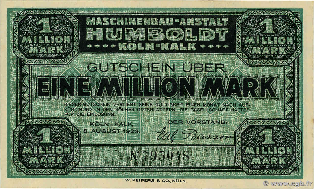 1 Million Mark GERMANIA Köln 1923  q.FDC