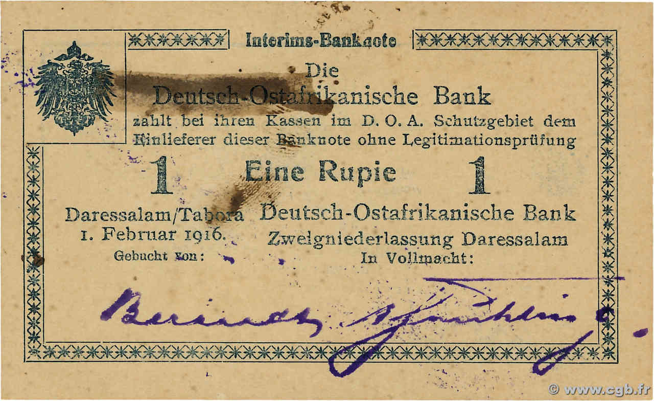 1 Rupie Deutsch Ostafrikanische Bank  1916 P.20a fST