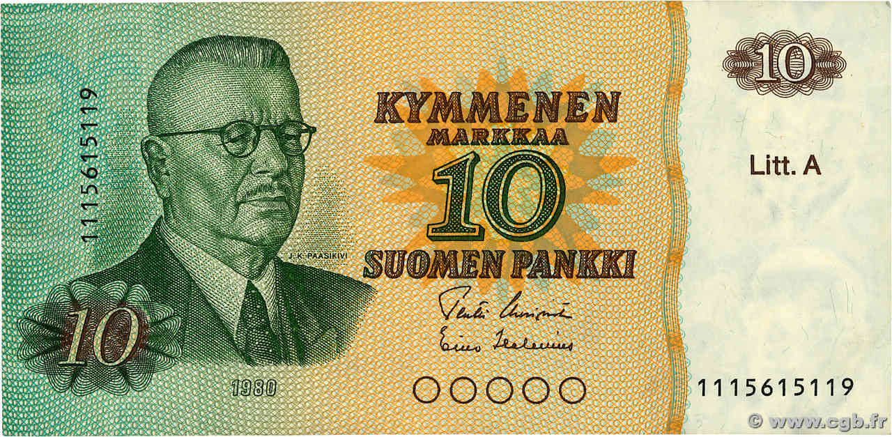 10 Markkaa FINLANDE  1980 P.112a TB+
