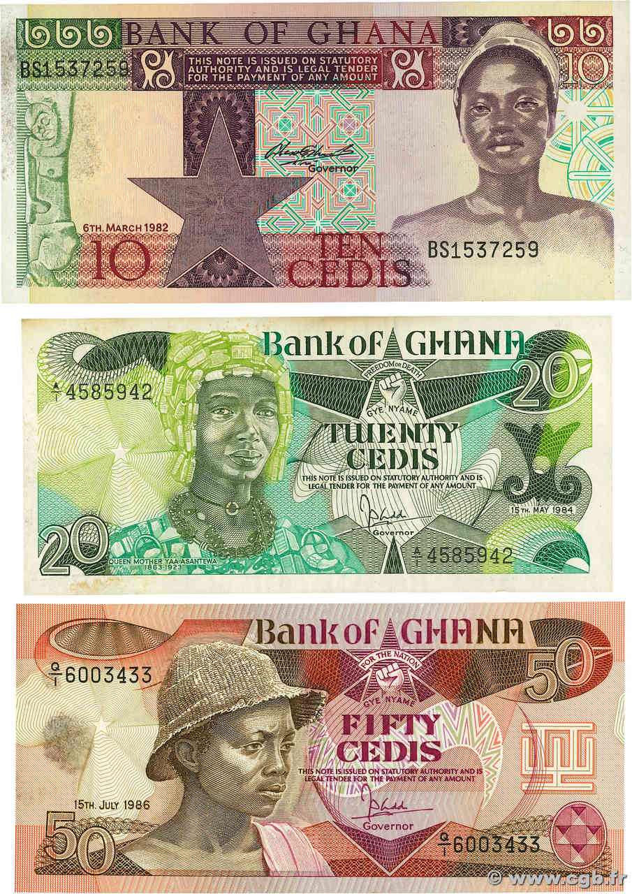 10, 20 et 50 Cedis Lot GHANA  1982 P.20d, P.24a et P.25 TTB+