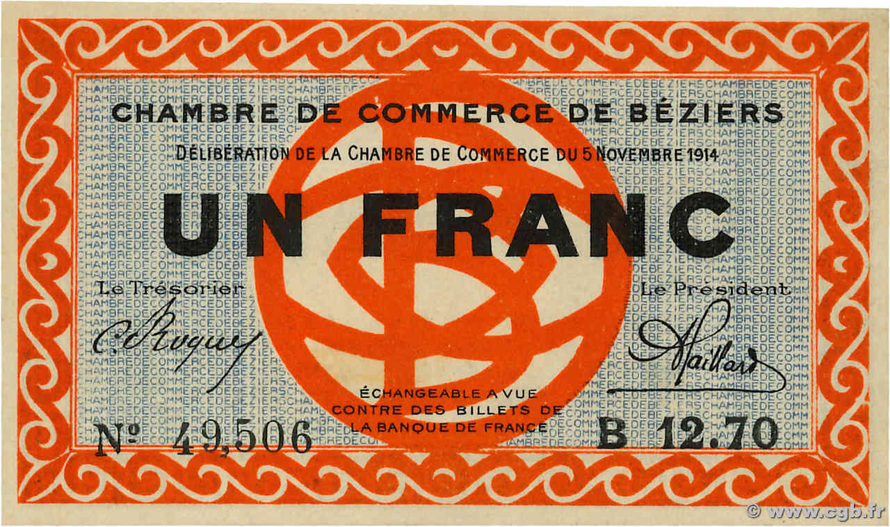 1 Franc FRANCE Regionalismus und verschiedenen Béziers 1914 JP.027.08 VZ+