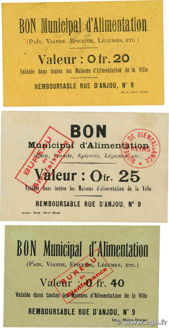 20, 25, 40 Centimes Lot FRANCE regionalismo y varios Reims 1914 JP.51-25/26var/29 MBC