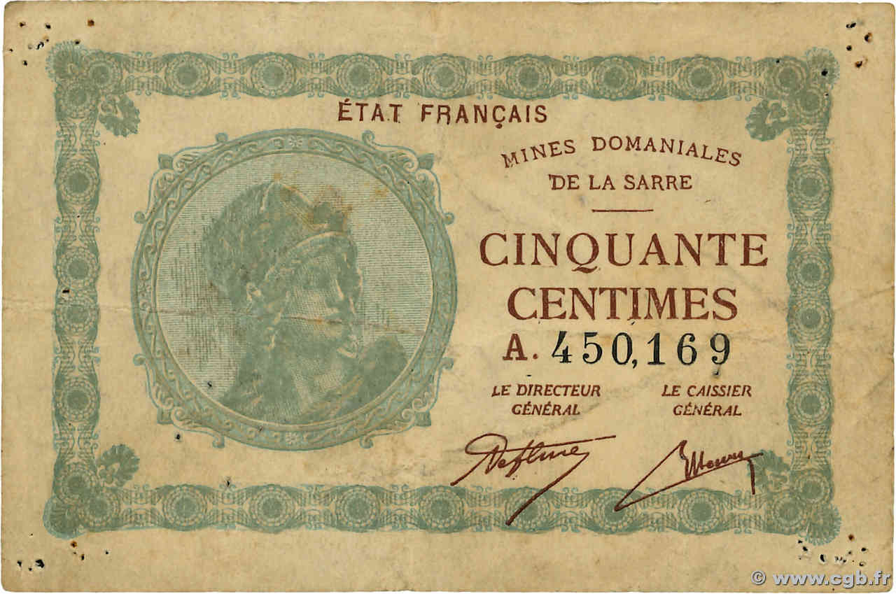 50 Centimes MINES DOMANIALES DE LA SARRE FRANKREICH  1920 VF.50.01 S