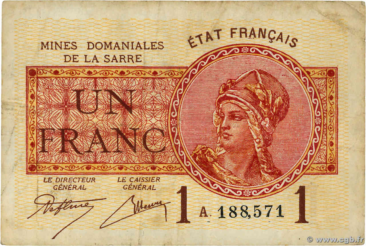 1 Franc MINES DOMANIALES DE LA SARRE FRANCIA  1920 VF.51.01 q.BB