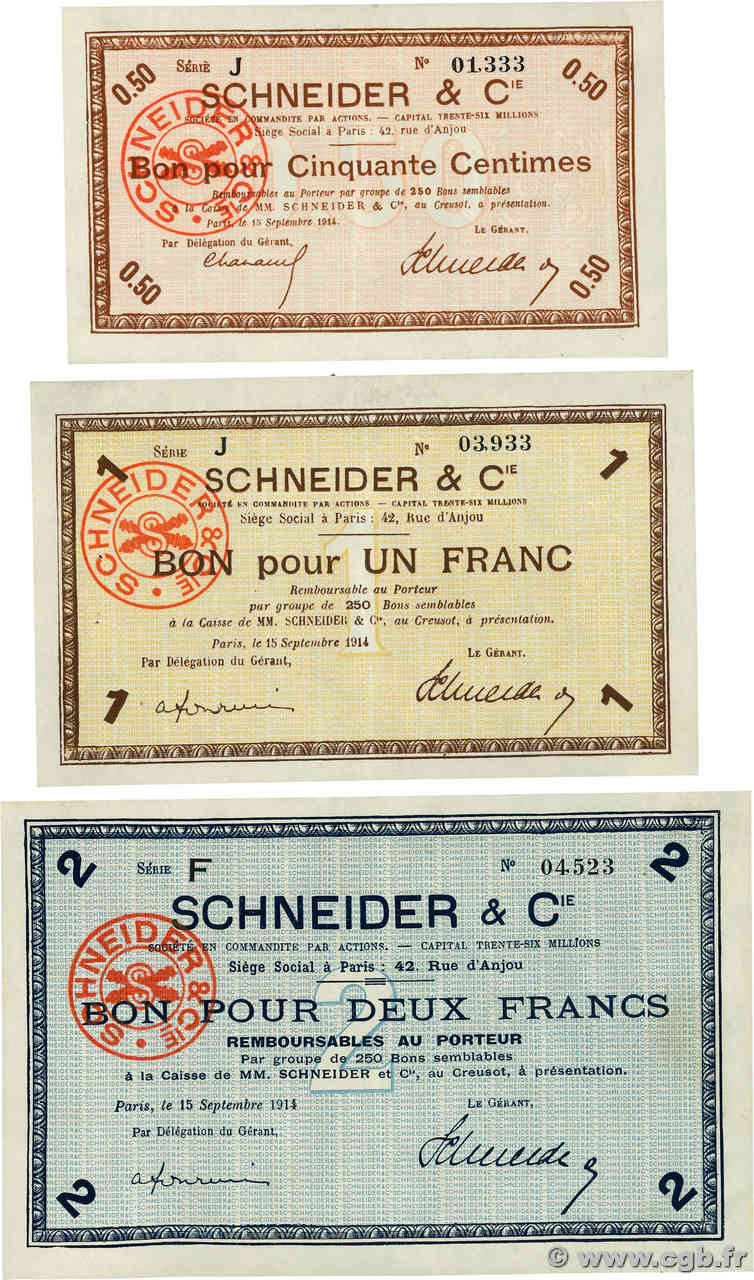 50 Centimes, 1 et 2 Francs Lot FRANCE regionalismo e varie Le Creusot 1914 JP.71-03/05/08 SPL