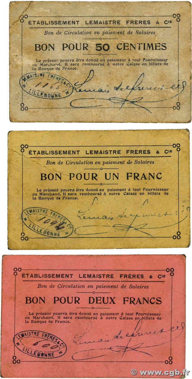 50 Centimes, 1 et 2  Francs FRANCE régionalisme et divers Lillebonne 1914 JP.76-140/142/143 TB à TTB