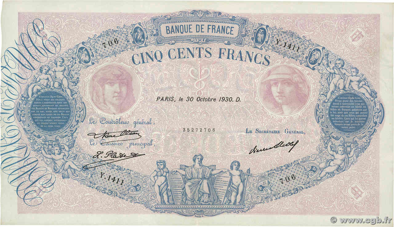 500 Francs BLEU ET ROSE FRANCE  1930 F.30.33 XF-