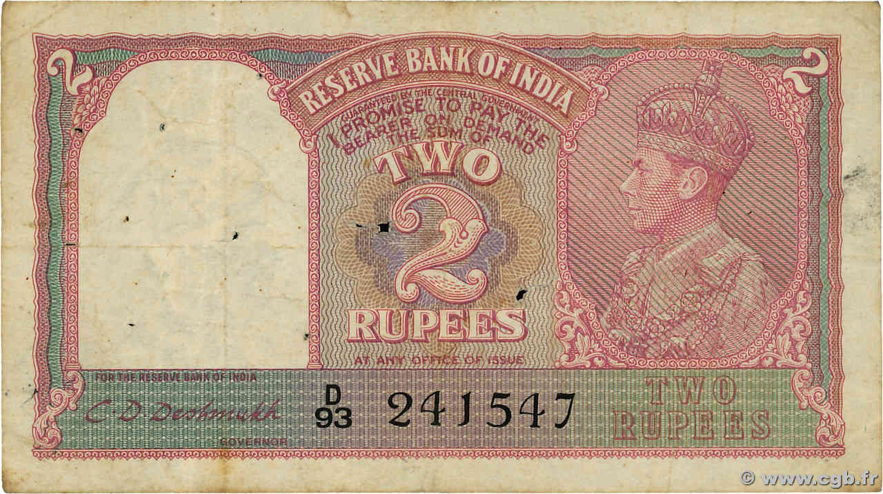 2 Rupees INDIA  1943 P.017 F-