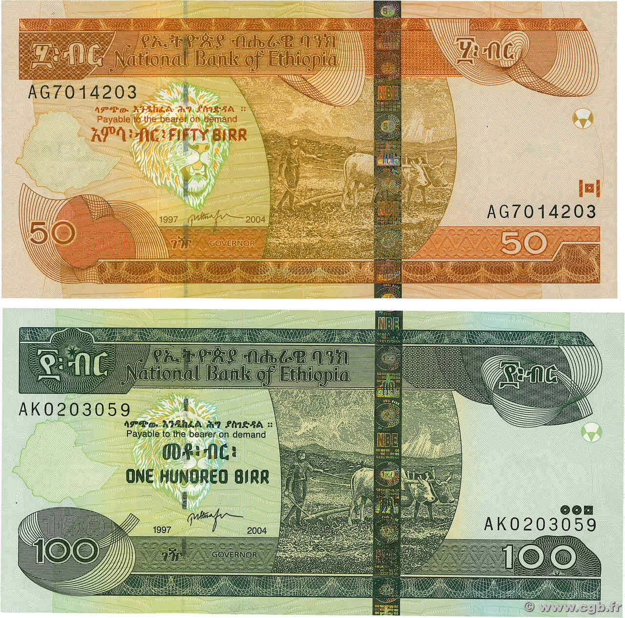 50 et 100 Birr Lot ETIOPIA  2004 P.51b et P.52b SC+