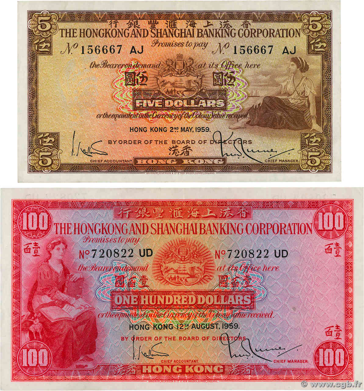 5 et 100 Dollars Lot HONGKONG  1959 P.181a et P.183a SS
